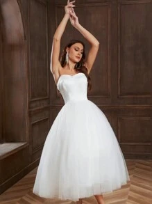 YUMIBRAVO Satin & Tulle Short Wedding Dress,Bride