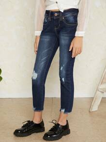 Tween Girl Ripped Raw Hem Jeans - Dark Wash - View 3