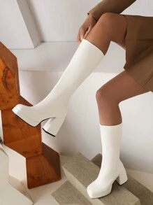 Fall/Winter Women's Solid White Square Toe Waterproof Chunky Heel Knee-High Boots With Comfortable Platform, Pull-On