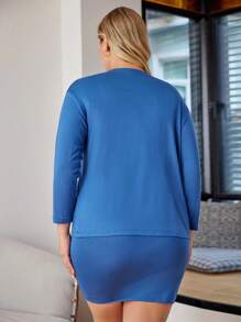 RueChic Plus Solid Bodycon Dress & Open Front Coat - Blue - View 4