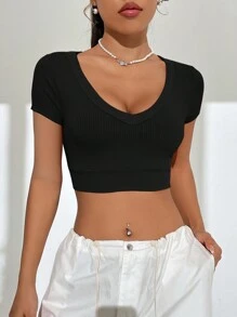 SHEIN EZwear Chất rắn Đồ đan Ribbed Áo phông Crop - màu đen - Xem 1