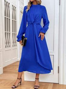 Chiquease Mock Neck Flounce Sleeve Knot Front Dress Fall Cloth For Women - Royal Blue - View 5