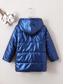 Young Boy 1pc Letter Patched Detail Zipper Hooded Padded Coat Winter - Blue - View 2