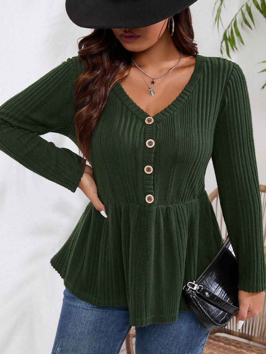INAWLY Talla grande Camiseta con botón delantero peplum - Verde militar - Ver 1