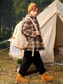SHEIN Tween Boy Plaid Pattern Button Front Hooded Teddy Coat & Scarf - Multicolor - View 3