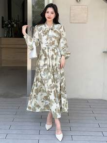 DAZY Vải in hoa Cà vạt Viền xếp Đầm - Nhiều màu - Xem 3