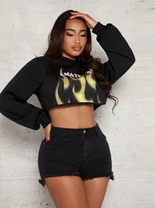 SHEIN SXY 字母圖案短款衛衣 - 黑色 - 查看 4