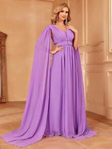 Faeriesty Extra-long Sleeve Ruched Chiffon Bridesmaid Dress - Purple - View 5