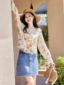 Floral Print Ruffle Trim Blouse - Multicolor - View 3
