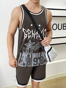 Manfinity VCAY Men Letter Graphic Contrast Trim Tank Top & Shorts - Coffee Brown - View 5