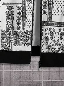 Manfinity VCAY 超大号男士佩斯利花纹与围巾印花飞行员冬季外套，不含 T 恤 - 黑與白 - 查看 3