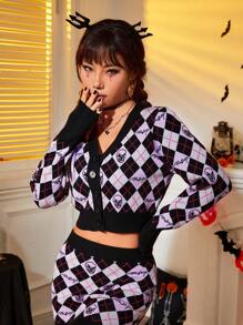 SHEIN EZwear 萬聖節菱形印花前紐扣短款開衫 - 彩色 - 查看 1