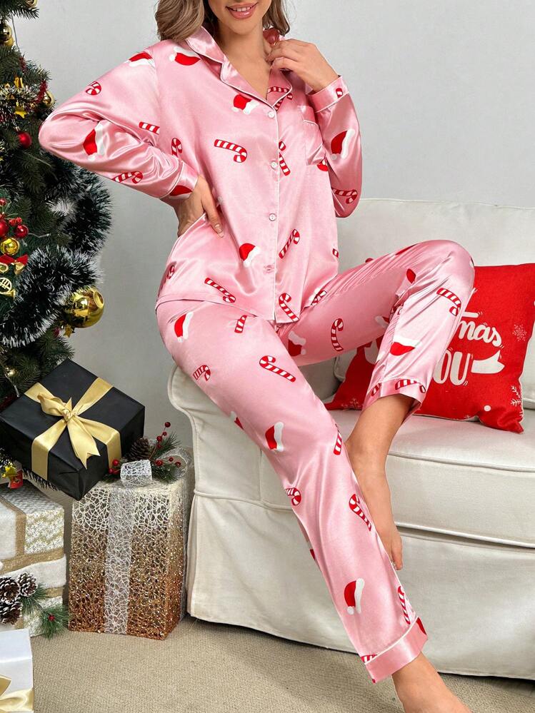 Conjunto de pijama sombrero de Navidad con estampado ribete en contraste de satén - Rosa - Ver 1