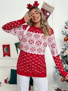 SHEIN Áo len họa tiết bông tuyết Giáng sinh cho bà bầu, dành cho mùa đông - Đỏ và trắng - Xem 1