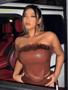 SHEIN Coolane Plus Fuzzy Trim PU Leather Tube Top - Rust Brown - View 5