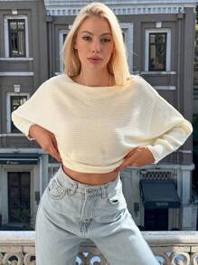 EURMUSE 女士休闲纯色蝙蝠袖毛衣，适合秋冬季穿着 - 白色 - 查看 5