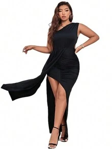 Hơn Một bờ vai khăn choàng Xù Tách đùi Đầm - màu đen - Xem 6