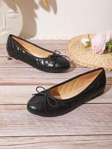女性防滑蝴蝶結細節圓頭平底鞋,優雅黑色單鞋適用於四季 - 黑色 - 查看 5