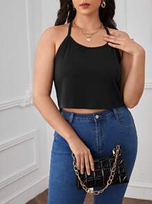 SHEIN Privé Plus Solid Backless Halter Top - Black - View 2