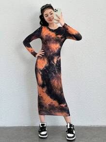 SHEIN 少女扎染针织圆领长袖修身长裙