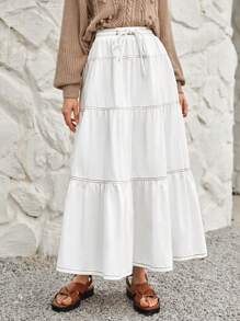 Bohemela 腰部抽繩荷葉邊牛仔半身裙 - 白色 - 查看 1