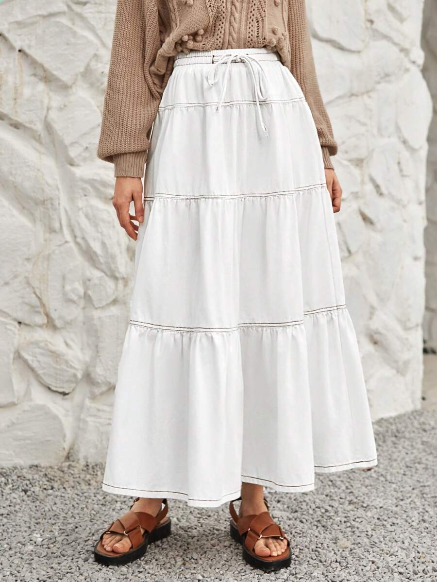 Bohemela 腰部抽繩荷葉邊牛仔半身裙 - 白色 - 查看 1