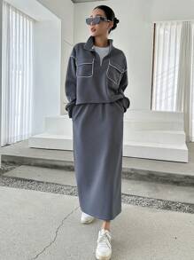 DAZY Contrast Piping Drop Shoulder Half Zip Sweatshirt & Skirt,Women Two Pieces Sets Fall,Winter Lounge Sets For Women - Grey - View 4
