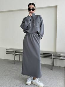 DAZY Contrast Piping Drop Shoulder Half Zip Sweatshirt & Skirt,Women Two Pieces Sets Fall,Winter Lounge Sets For Women - Grey - View 6