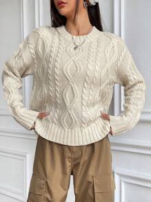 SHEIN Unity Cable Knit Drop Shoulder Sweater - Apricot - View 1