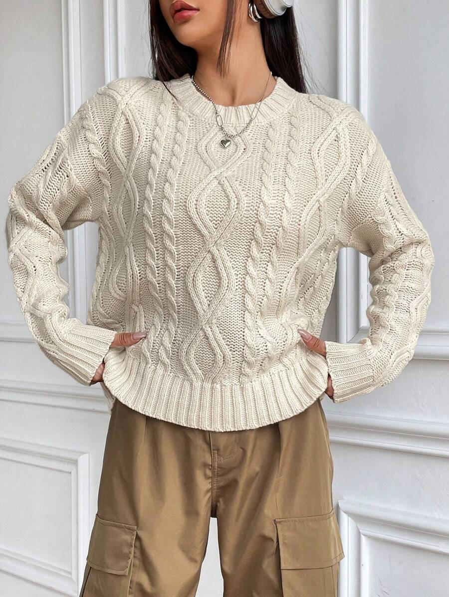 SHEIN Unity Cable Knit Drop Shoulder Sweater - Apricot - View 1
