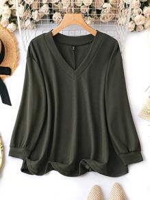 SHEIN LUNE Plus Waffle Knit Drop Shoulder Tee - Army Green - View 1