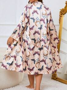 Plus Butterfly Print Belted Satin Robe Without Lingerie Set Luxeloungewear, Fall - Apricot - View 2