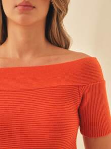 SHE(IN) BRASIL Off Shoulder Đồ đan Ribbed Áo - trái cam - Xem 7