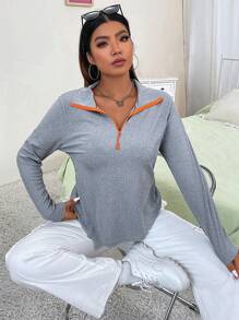 Flirla 大碼半拉鏈拼接邊T恤 - 灰色 - 查看 7