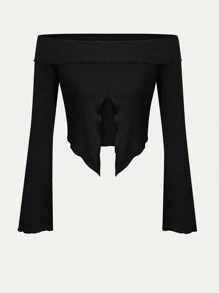 VaVaBold Off Shoulder Viền chia cắt Áo phông Crop - màu đen - Xem 1