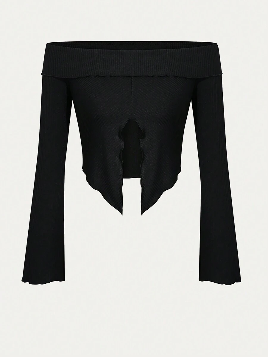 VaVaBold Off Shoulder Viền chia cắt Áo phông Crop - màu đen - Xem 1