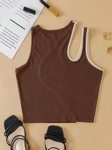 SHEIN EZwear 大碼雙色鏤空不對稱領上衣 - 棕色 - 查看 2