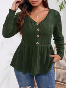 INAWLY Talla grande Camiseta con botón delantero peplum - Verde militar - Ver 4