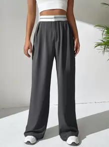SHEIN EZwear 女士春季時尚百搭灰色高腰寬腿鬆身純色皺褶褲,適用於辦公室ol - 深灰色 - 查看 3