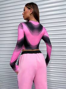 SHEIN Unity Áo thun tay dài cổ tròn in họa tiết nghệ thuật đại chúng - Hồng - Xem 2