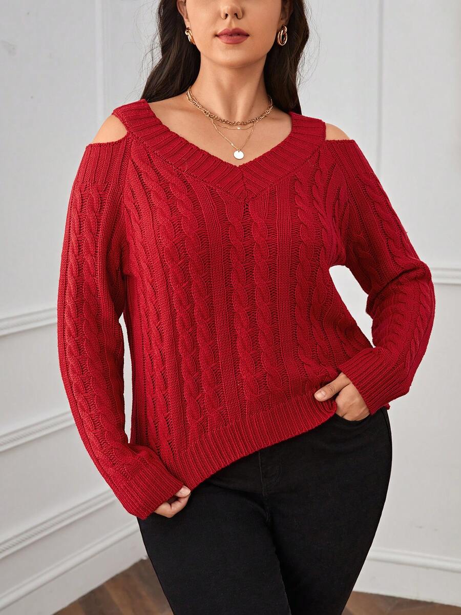 SHEIN Essnce Talla grande Jersey de hombros descubiertos tejido de cable - Rojo - Ver 1