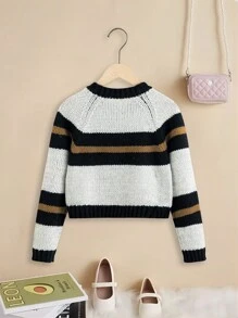 SHEIN Chica preadolescente Jersey con patrón de rayas de manga raglán