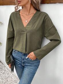 SHEIN Frenchy 素色落肩袖V領襯衫 - 軍綠色 - 查看 4