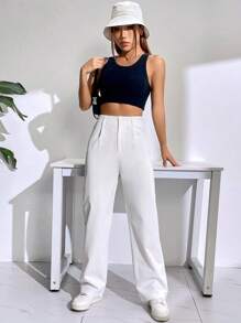 SHEIN EZwear Quần ống đứng cạp cao trơn - trắng - Xem 5