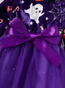 女嬰萬聖印花網紗拼接前蝴蝶結洋裝 - 紫羅蘭色 - 查看 4