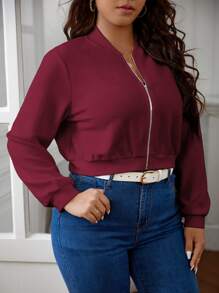 SHEIN Essnce Plus 1pc Valentine's Day Solid Zip Up Crop Bomber Jacket Spring To Summer - Burgundy - View 6