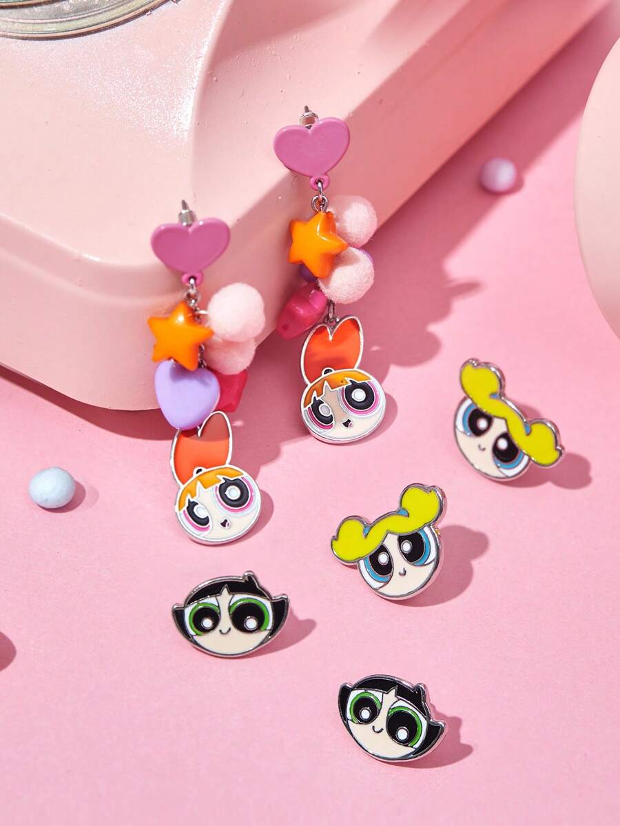 THE POWERPUFF GIRLS X SHEIN 3 cặp/bộ Nhân vật hoạt hình Trang trí Hoa tai - Nhiều màu - Xem 1