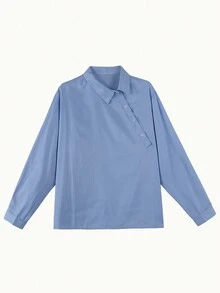 Solid Asymmetrical Neck Button Detail Blouse - Blue - View 4