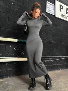 SHEIN EZwear Vestido ajustado con puntada con capucha - Gris - Ver 1