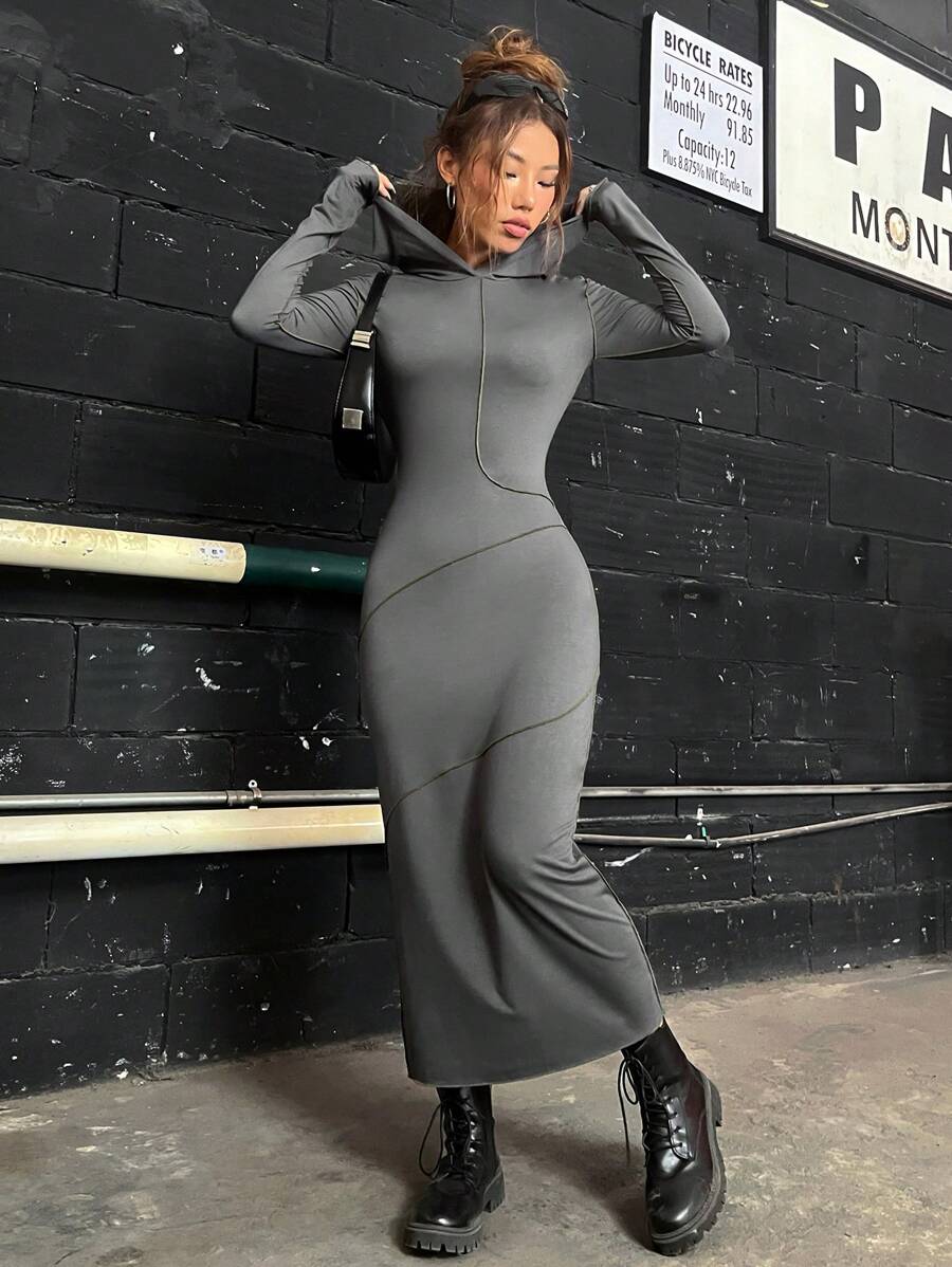 SHEIN EZwear Vestido ajustado con puntada con capucha - Gris - Ver 1